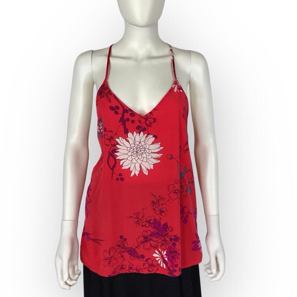 Josie Natori Top Floral Red & White Spaghetti Strap Racer Back Blouse